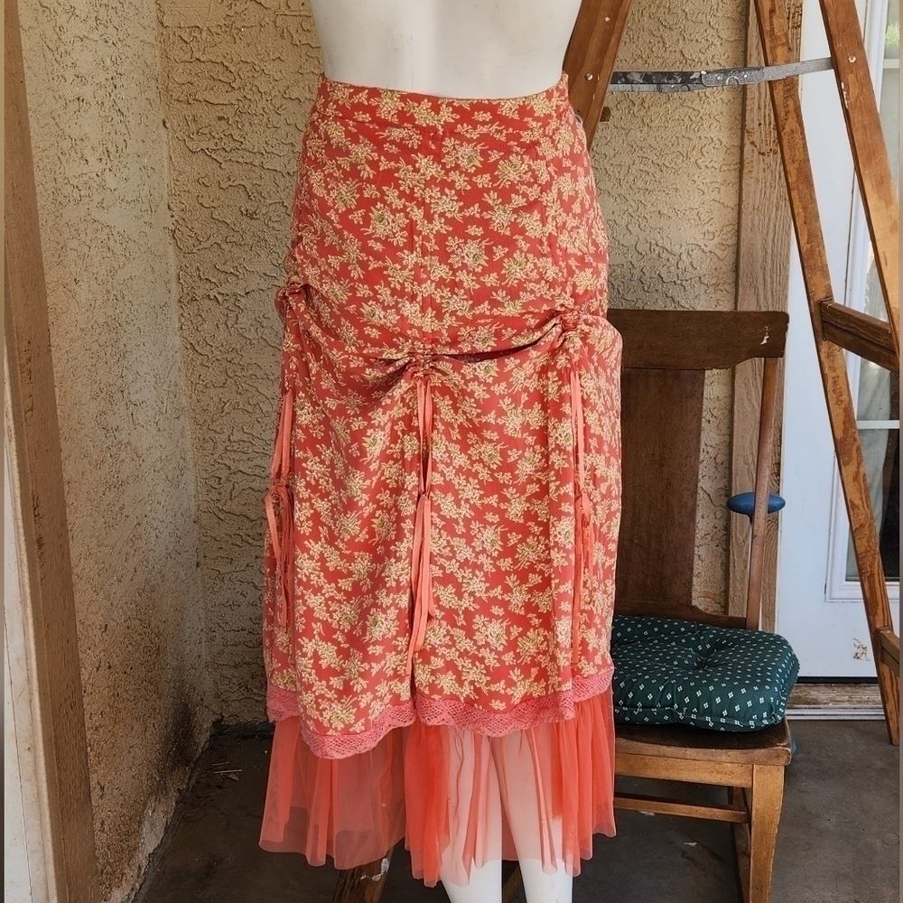 April Cornell Floral Skirt w/ Tulle Underskirt and Satin Pull Ribbon Ruching - Picture 3 of 12